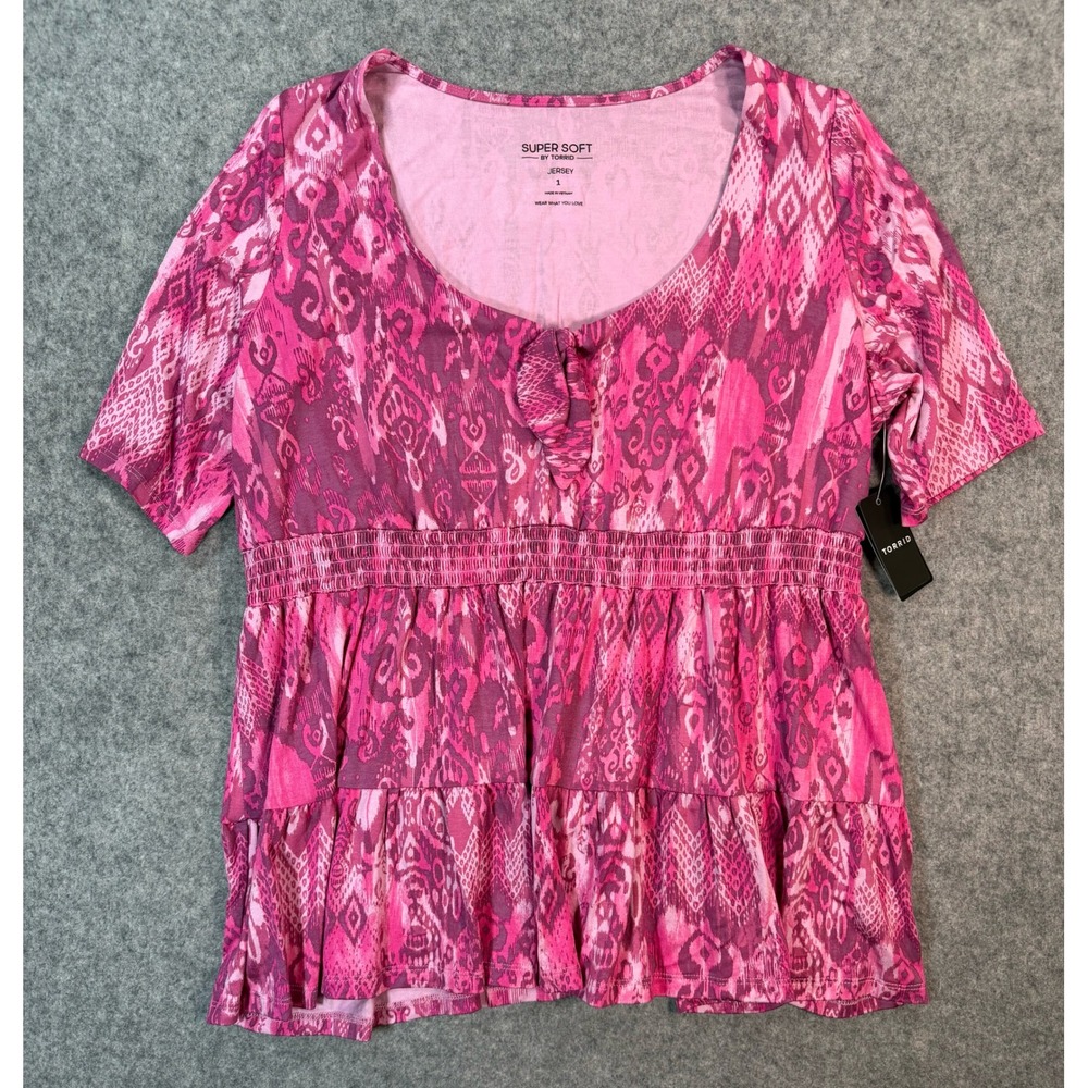 Torrid Super Soft Jersey Pink‎ Ikat Smocked Babydoll Top Plus Size 1 1X NEW